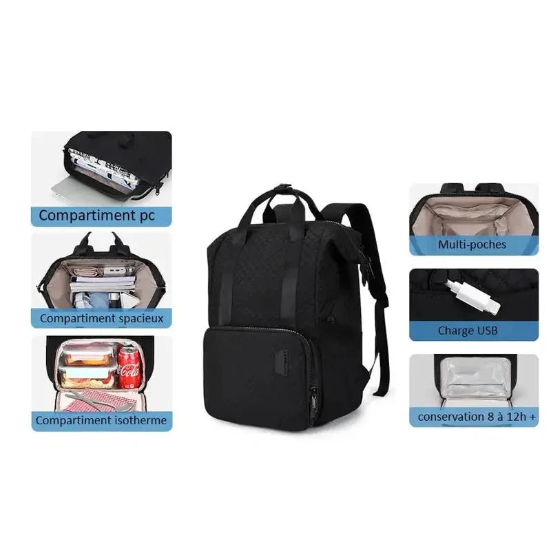 Sac à dos isotherme femme noir multifonction avec compartiments et port USB intégré