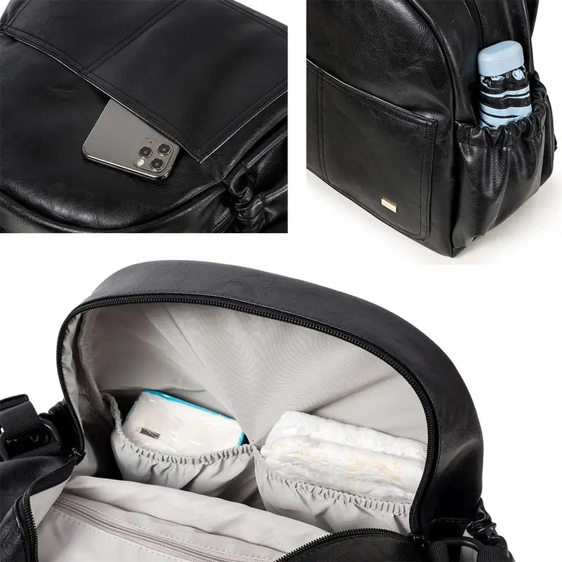 Sac à dos à langer en cuir pour bébé avec compartiments, poche téléphone et bouteille