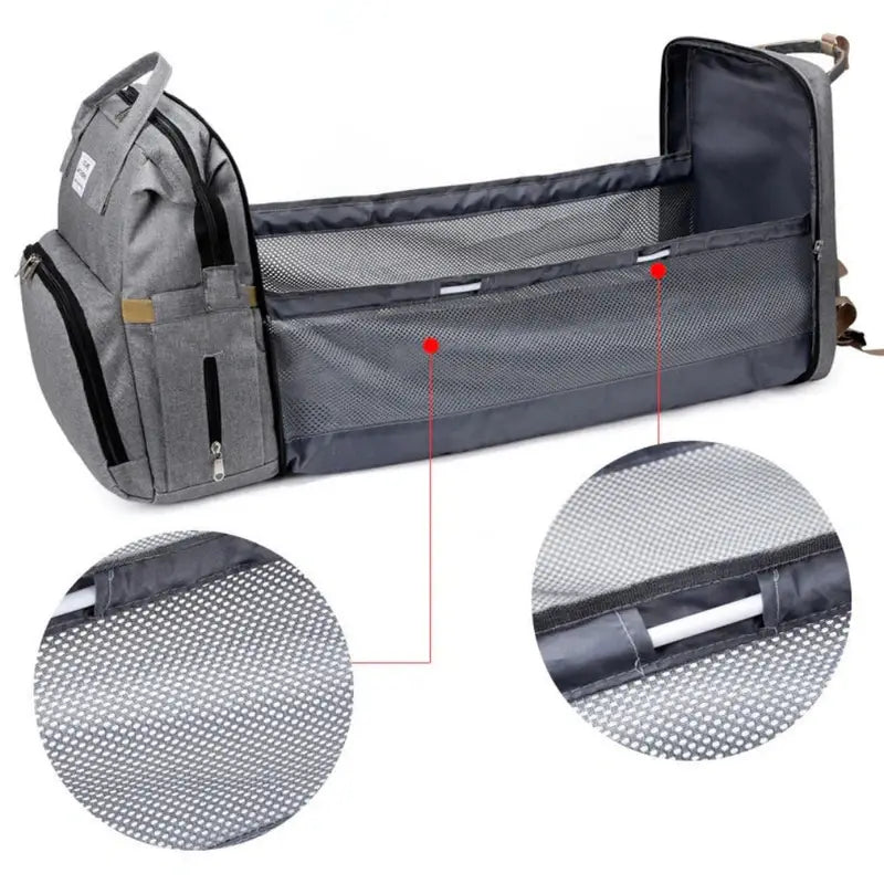 Sac à dos à langer extensible gris avec bassinet portable en mesh pour bébé