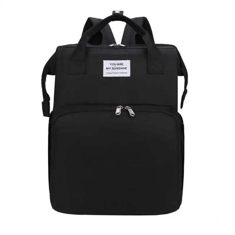Sac à dos à langer extensible en nylon noir avec poignées supérieures et plusieurs compartiments zippés