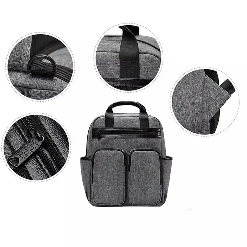 Sac à dos à langer gris en tissu avec multiples poches et détails près de fonctionnalités