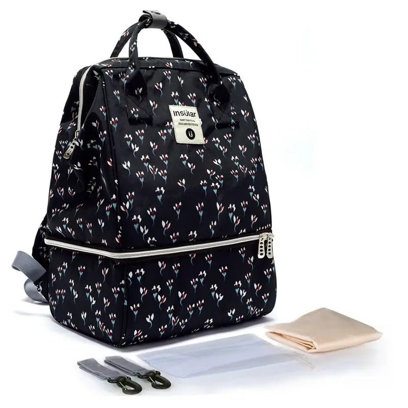 Sac à dos à langer imperméable avec motif floral noir, plusieurs compartiments et accessoires