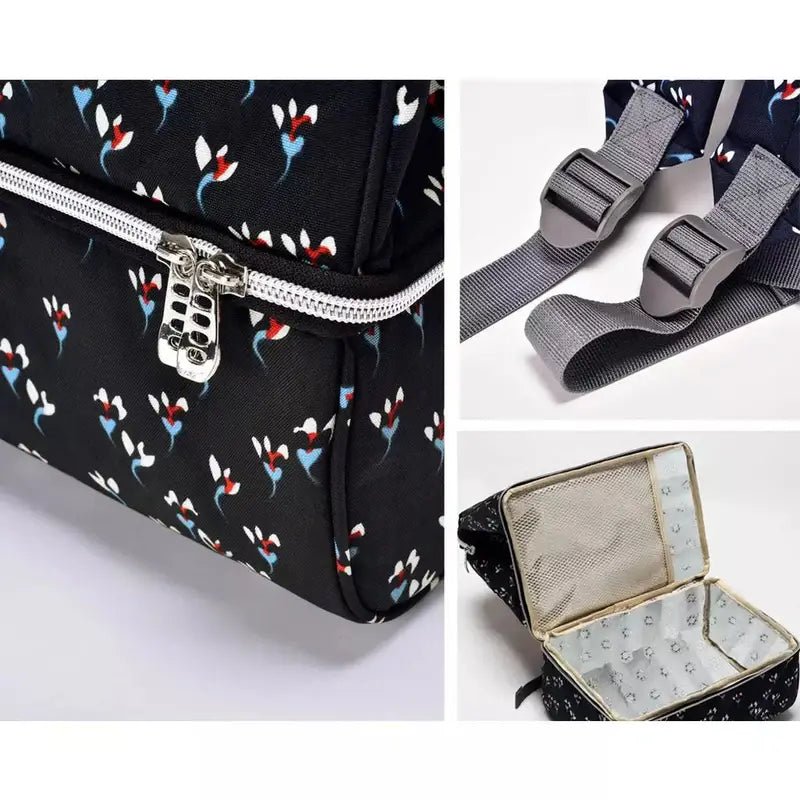 Sac à dos à langer imperméable avec sac cosmétique floral noir, zip et bandoulière ajustable