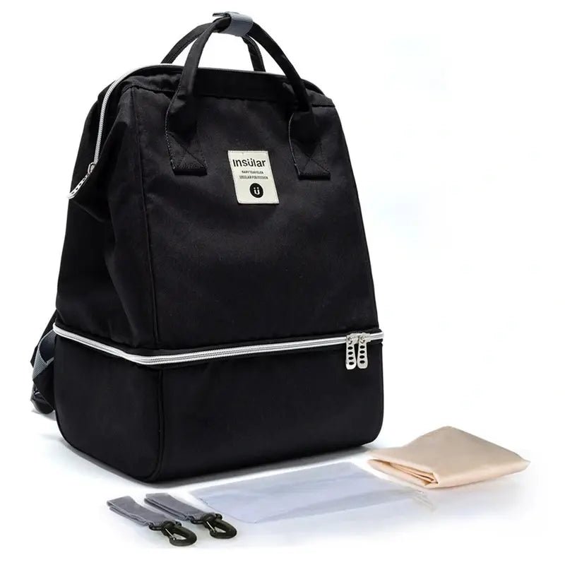 Sac à dos à langer imperméable noir avec plusieurs compartiments et doubles zippers