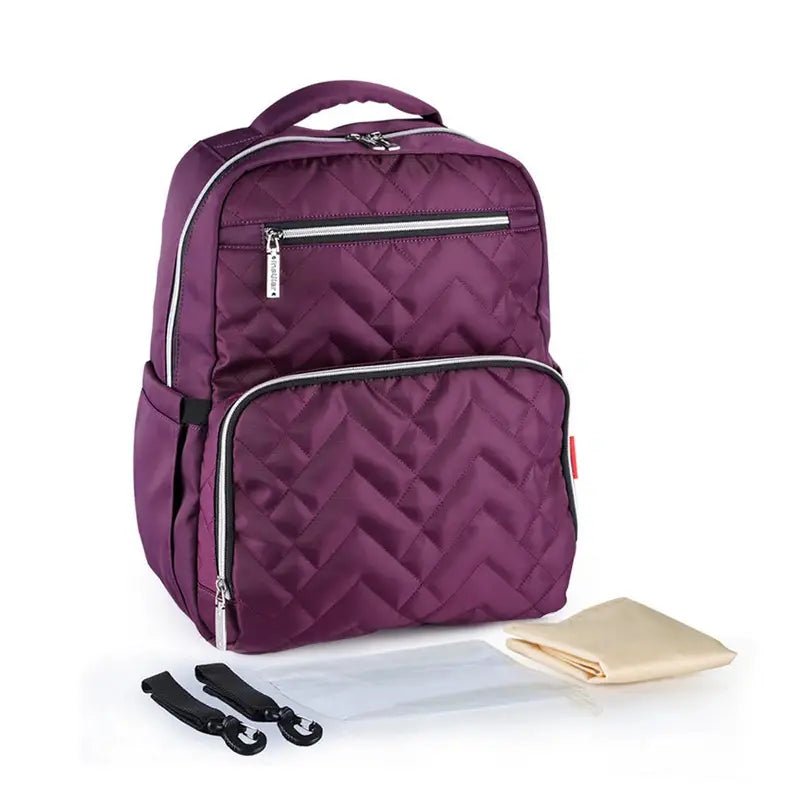Sac à dos à langer isotherme en quilting violet avec poches zippées et accessoires