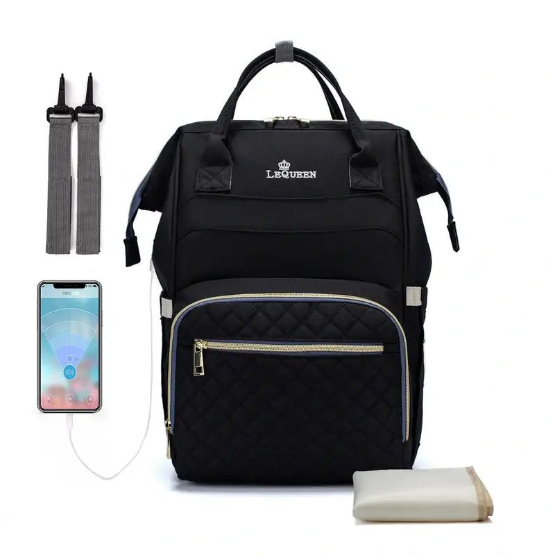 Sac à dos à langer le Queen noir avec port de charge USB et attaches pour poussette