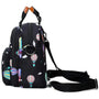 Sac à dos à langer en nylon noir avec motif de montgolfières colorées et nuages
