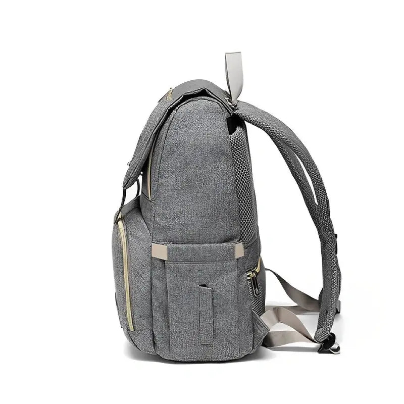 Sac à dos à langer Oxford en tissu gris avec multiples poches et bretelles rembourrées