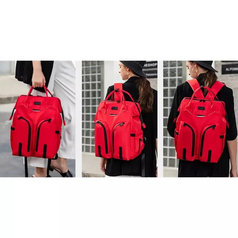 Sac à dos à langer pour jumeaux rouge avec multiples poches et options de port