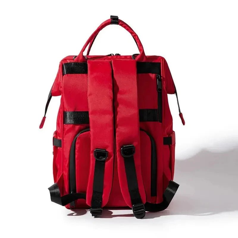 Sac à dos à langer pour jumeaux rouge convertible avec bretelles noires et accents noirs