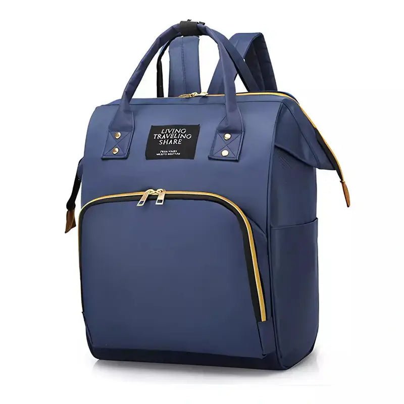 Sac à dos à langer tendance bleu marine avec poignées supérieures et zips dorés