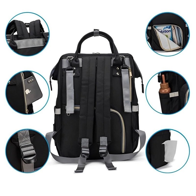 Sac à dos à langer tendance noir multifonction avec compartiments et bandes réfléchissantes