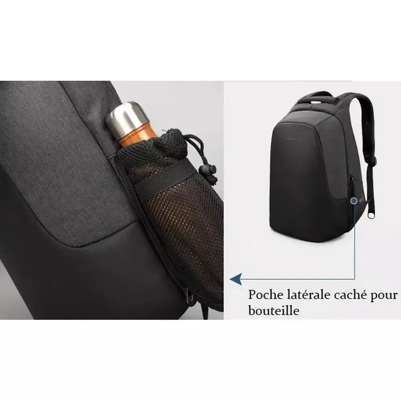 Sac à dos laptop noir avec poche latérale secrète pour bouteille d’eau