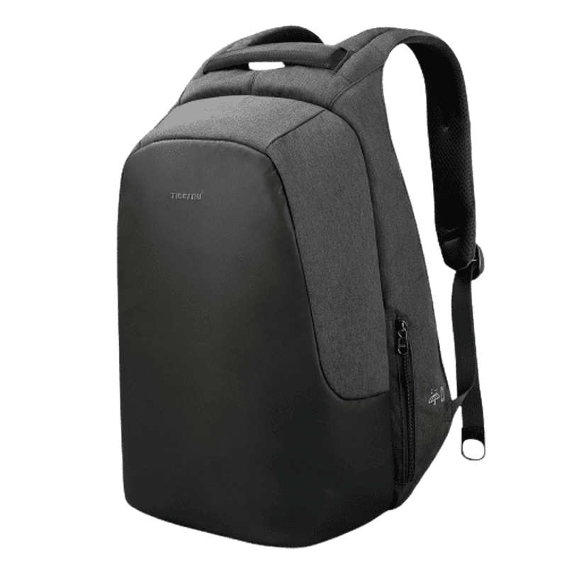 Sac à dos laptop anti-vol gris foncé et noir au design moderne avec poche latérale visible