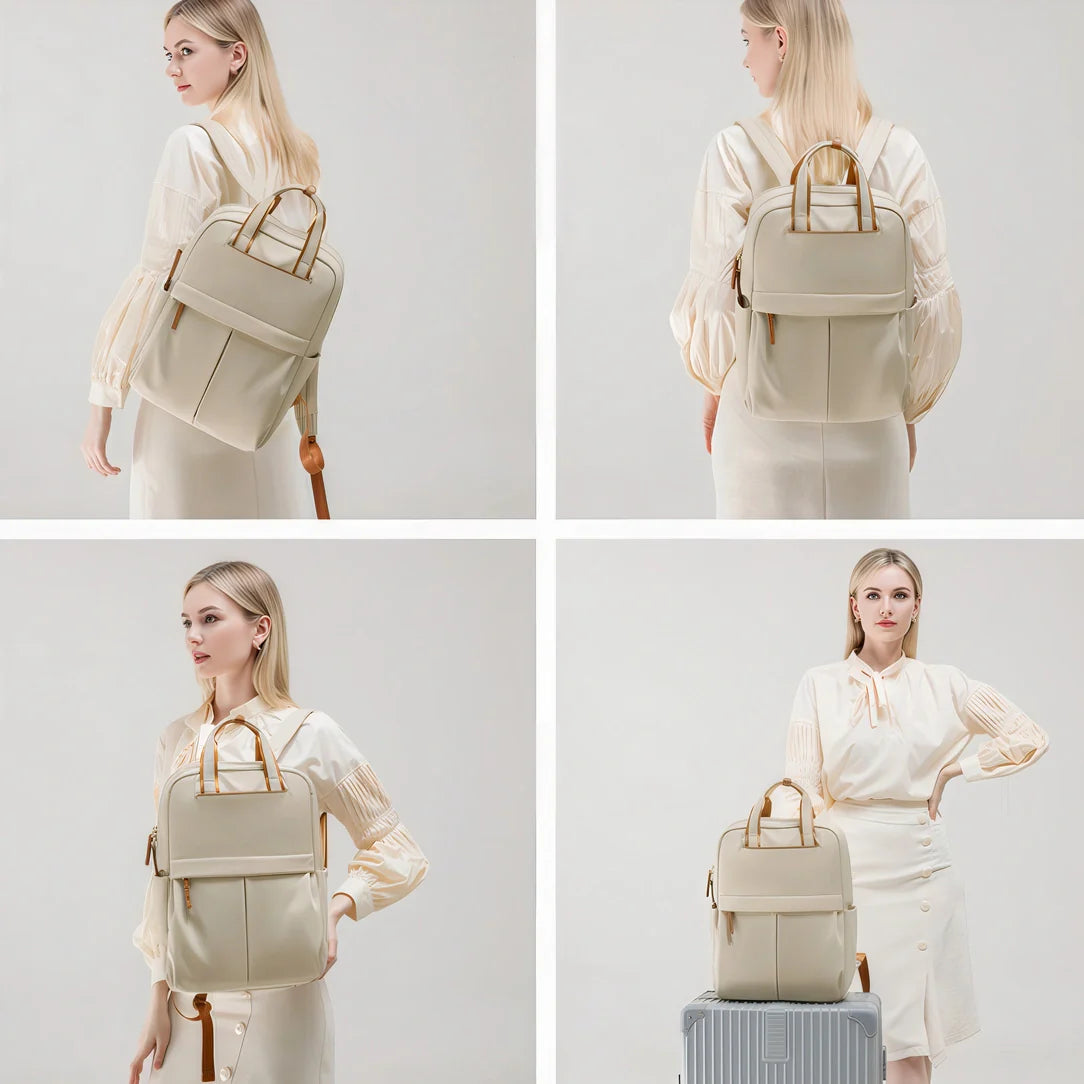 Sac à dos Lune Opaline beige avec fermetures dorées et accents cuir marron
