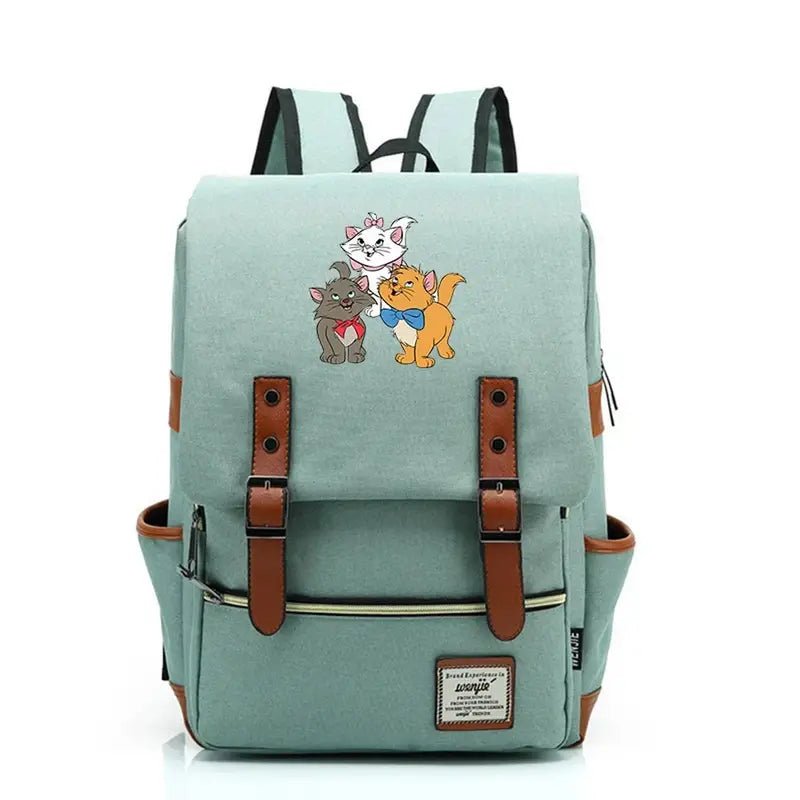 Sac à dos maternelle Disney Aristochats en toile vert menthe et marron avec trois chats cartoon
