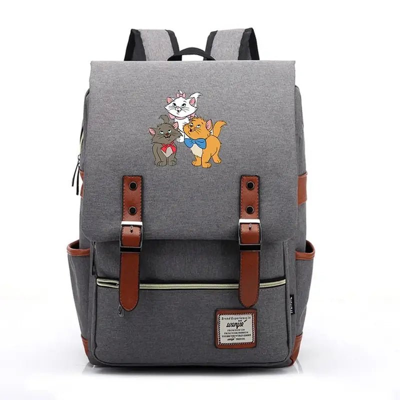 Sac à dos maternelle Disney Aristochats gris en toile avec bretelles en faux cuir marron