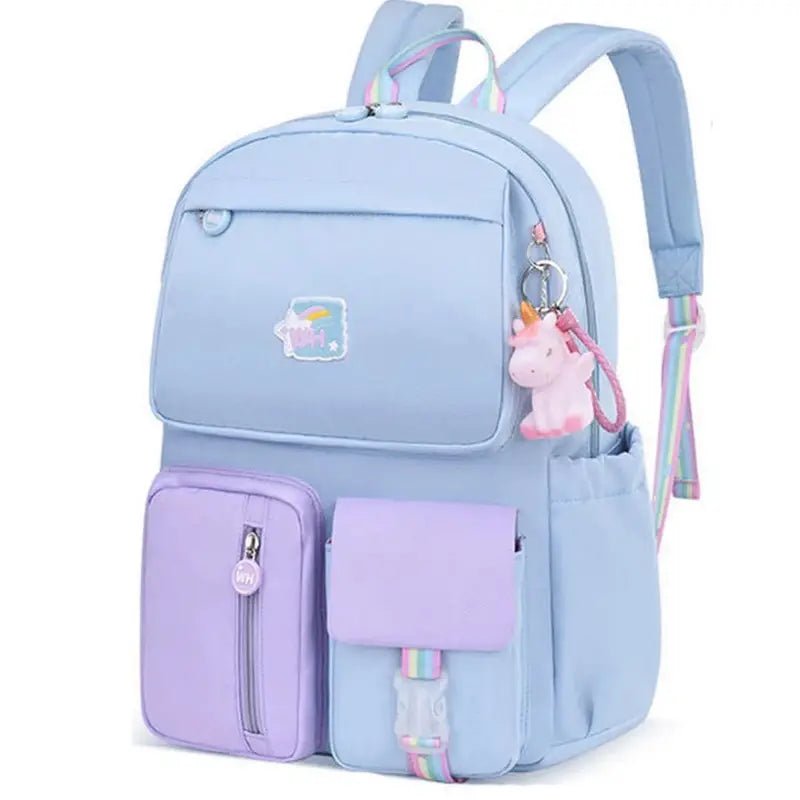 Sac à dos maternelle fille bleu clair avec accents violets, poches multiples et licorne keychain