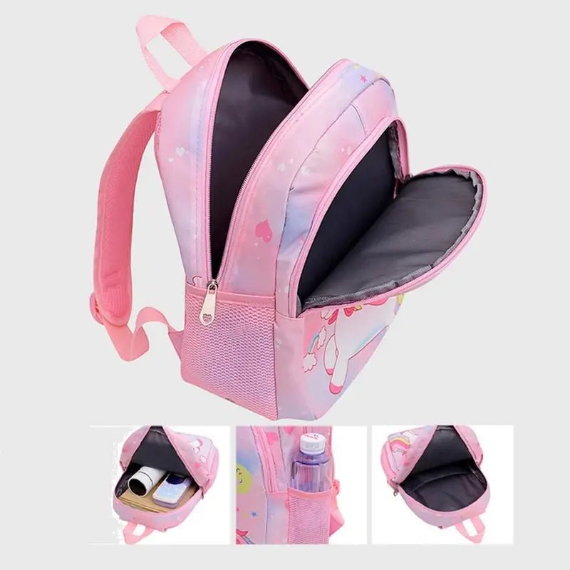 Sac à dos maternelle fille licorne rose avec plusieurs compartiments et poche latérale