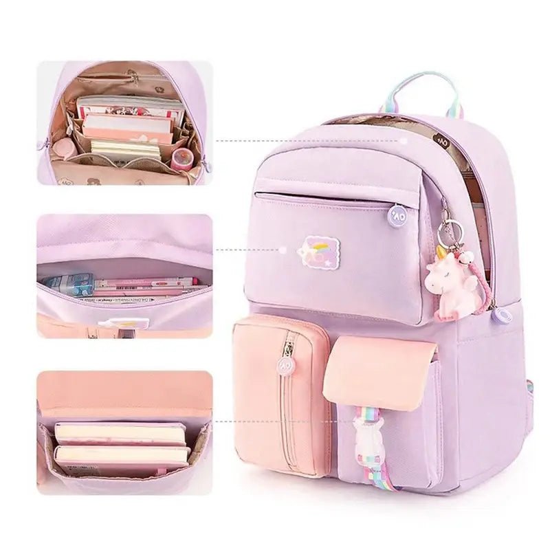 Sac à dos maternelle fille pastel violet et rose avec accessoires de licorne