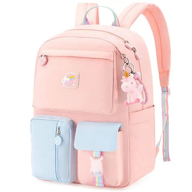 Sac à dos maternelle fille rose et bleu avec licorne, poches multiples et charm