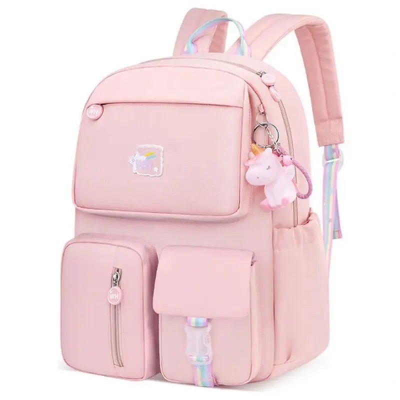 Sac à dos maternelle fille rose avec plusieurs poches et porte-clés licorne