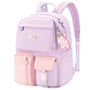 Sac à dos maternelle fille lavender et rose avec rayures arc-en-ciel et porte-clés licorne