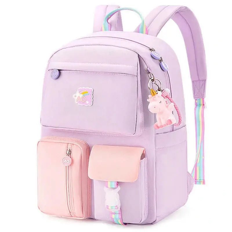 Sac à dos maternelle fille lavender et rose avec rayures arc-en-ciel et porte-clés licorne