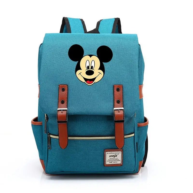 Sac à dos Mickey maternelle en toile bleue avec visage de Mickey et détails en faux cuir marron