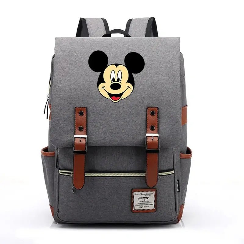 Sac à dos Mickey Maternelle en toile grise avec bretelles en faux cuir marron