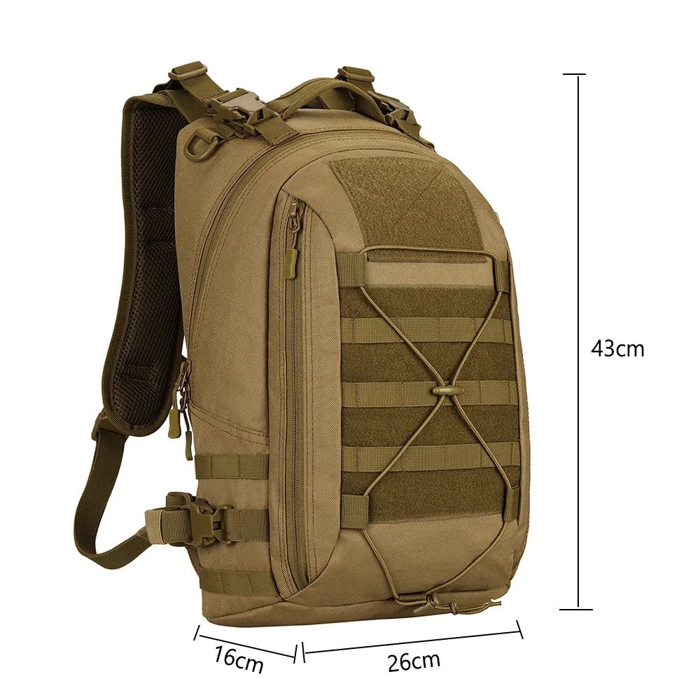Sac à dos militaire 25L 1000D tan avec webbing externe, bungee, compartiments, bretelles rembourrées