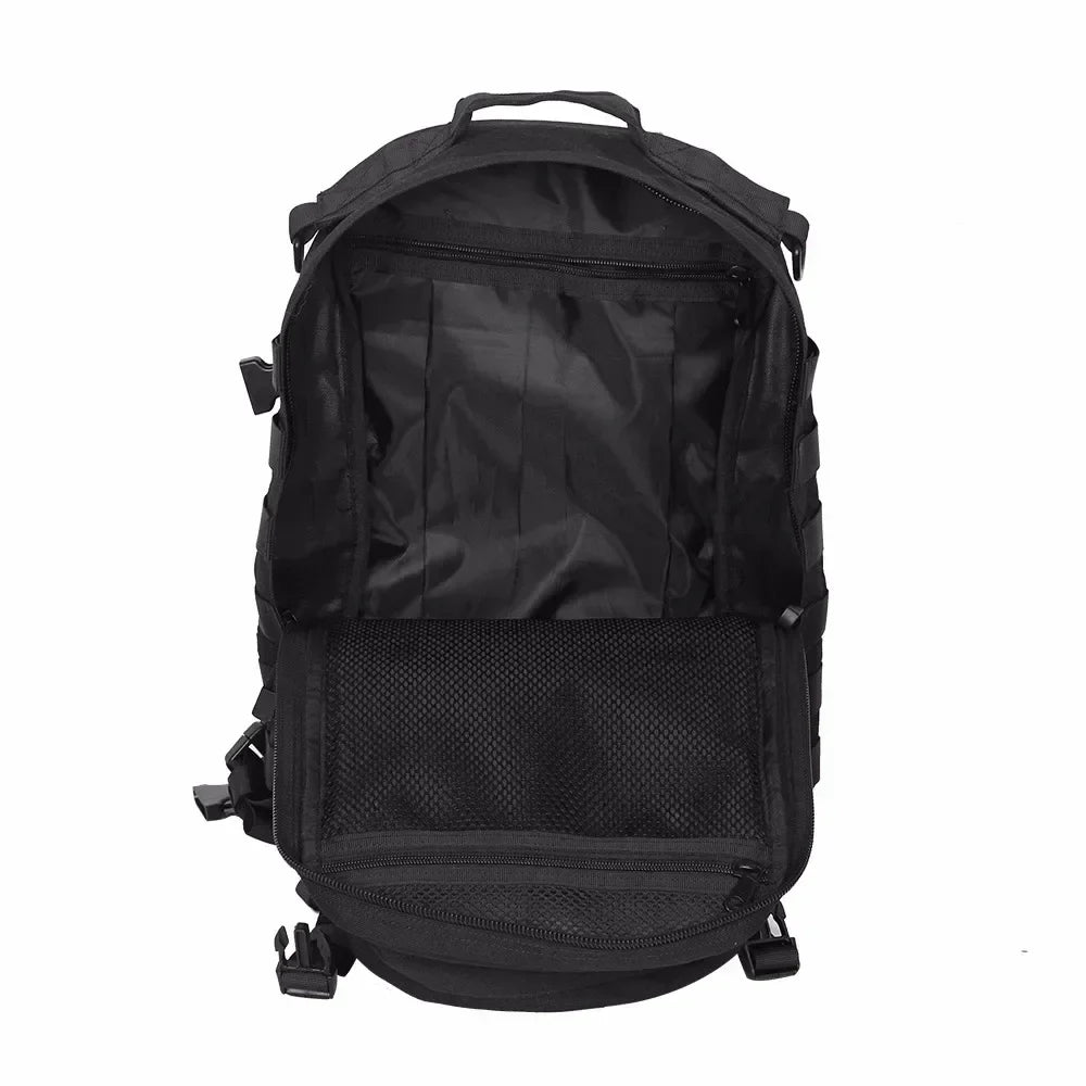 Sac à dos militaire 25L Molle 1000D avec compartiment principal ouvert et poche en maille