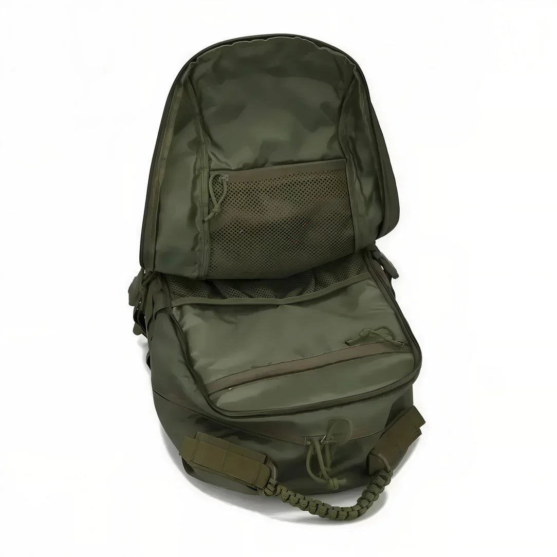 Sac à dos militaire 35l vert olive avec multiples compartiments et poignée en paracorde