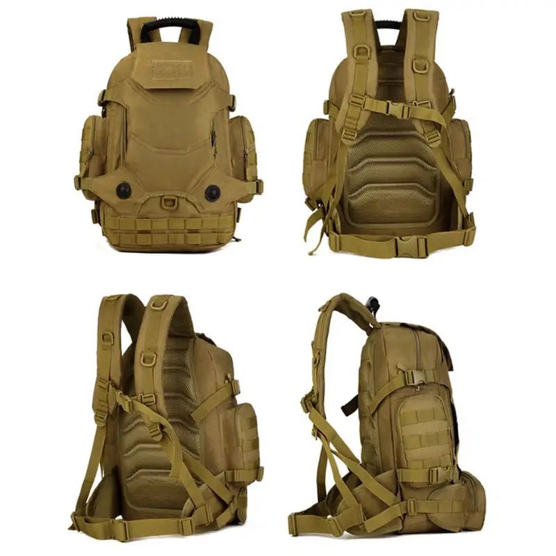 Quatre vues d’un sac à dos militaire 40l tan avec plusieurs compartiments et bretelles ajustables