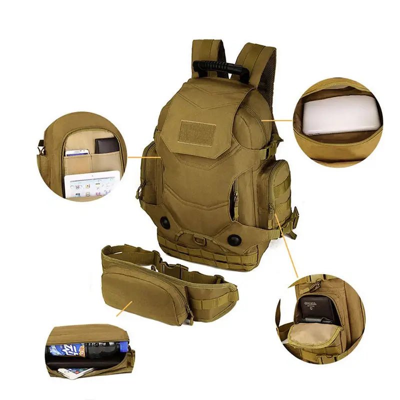 Sac à dos militaire 40l en tan polyvalent avec plusieurs compartiments et ceinture détachable