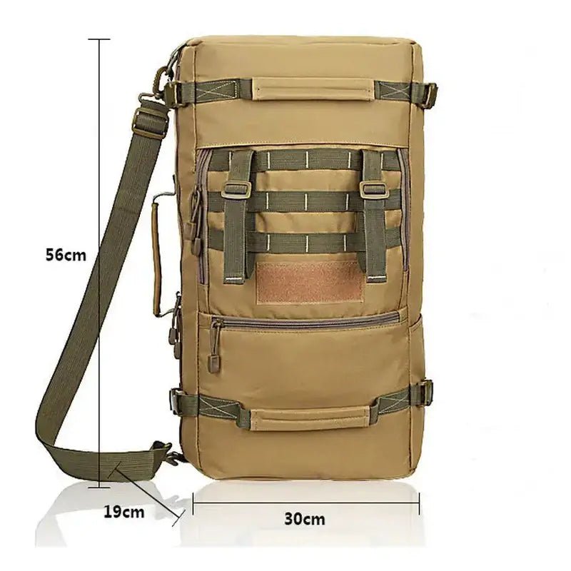 Sac à dos militaire 50 litres en toile tan avec bandoulière, poignées et poches extérieures