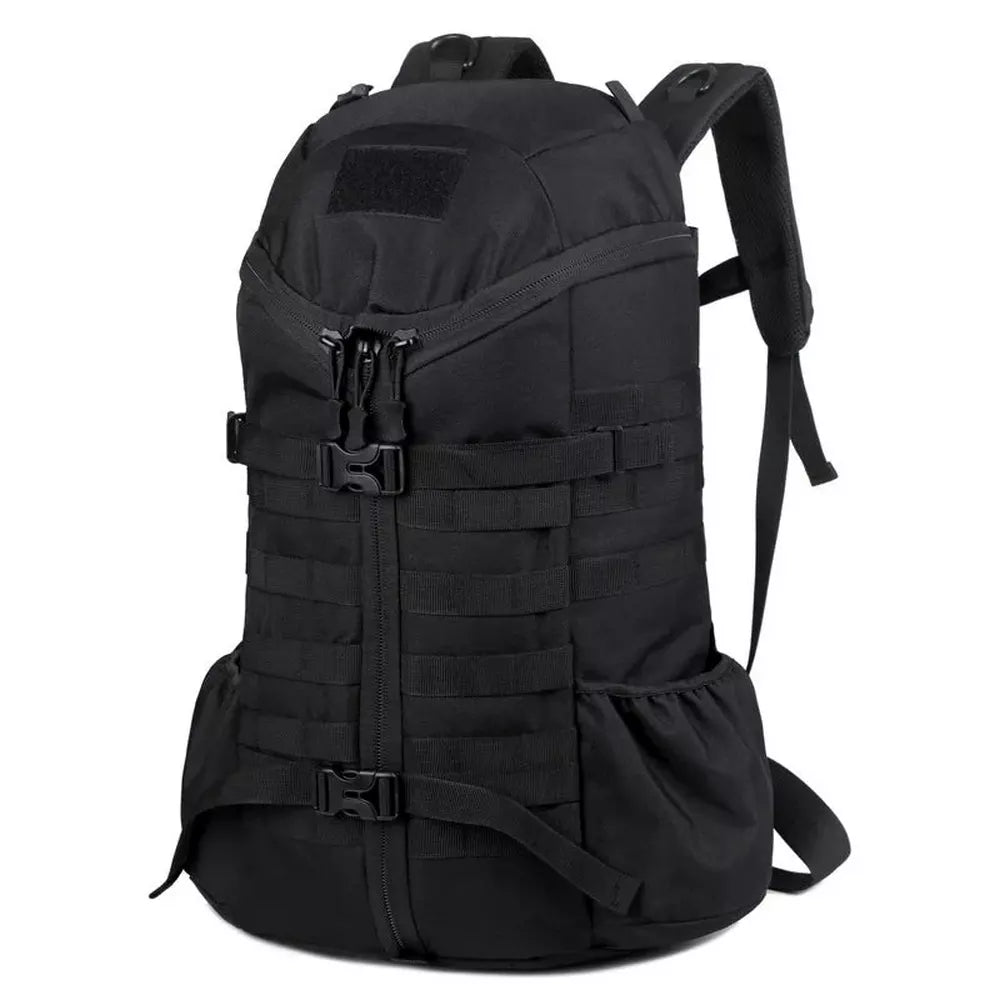 Sac à dos militaire 60L noir avec multiples compartiments, webbing MOLLE et bretelles ajustables