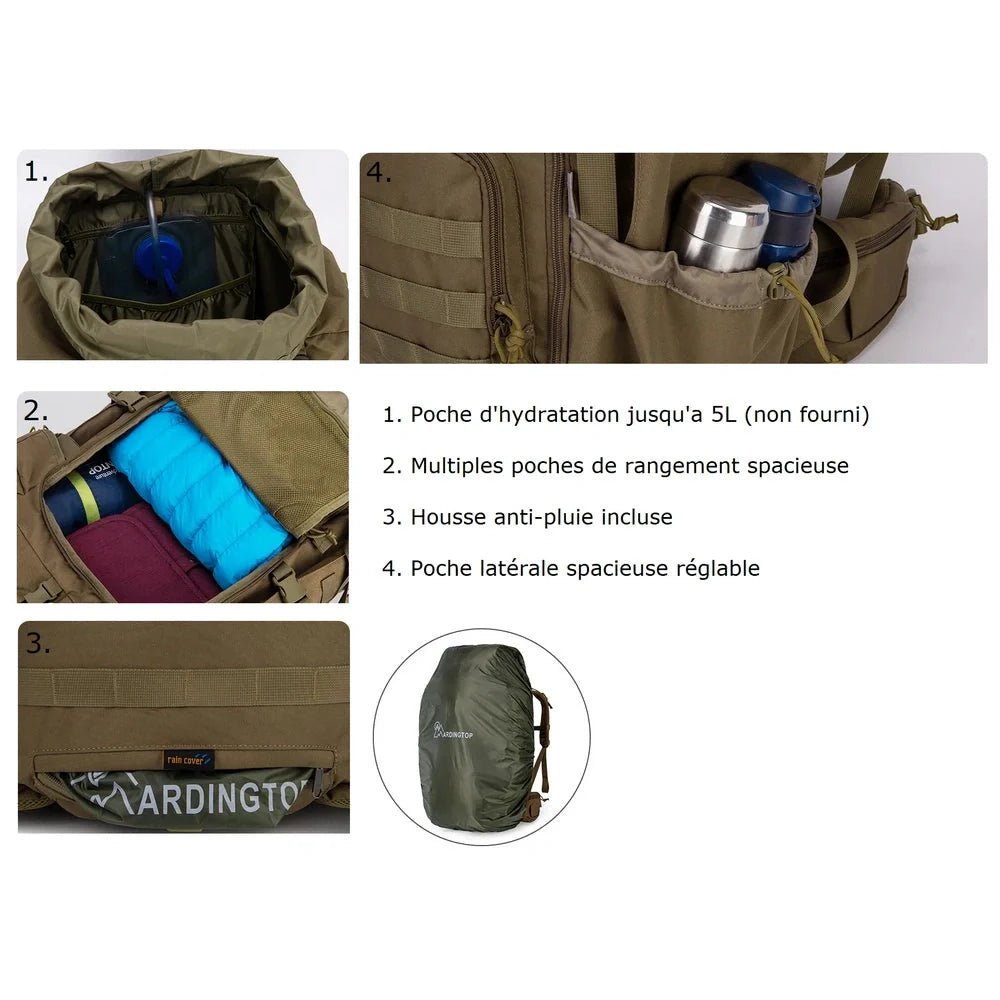 Sac à dos militaire 70L 600D kaki avec multiples compartiments et housse de pluie