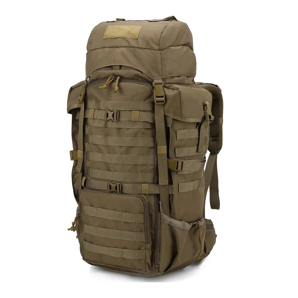 Sac à dos militaire 70L 600D tan avec webbing MOLLE, compartiments et sangles extérieures