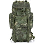 Sac à dos militaire 70l camouflage vert avec multiples compartiments et sangles