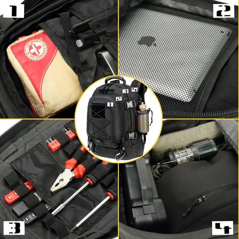 Sac à dos militaire tactique noir avec plusieurs compartiments pour outils et appareils