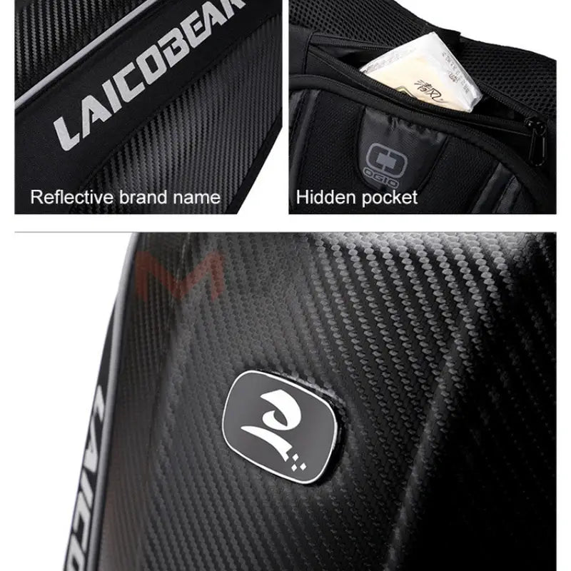 Sac à dos moto à coque noir avec texture en fibre de carbone, logo réfléchissant et poche secrète