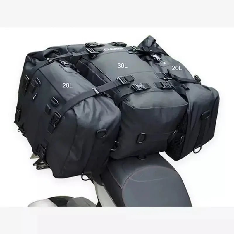 Sac à dos moto étanche avec sacoches multifonctionnelles noires à compartiments et fermetures roulées