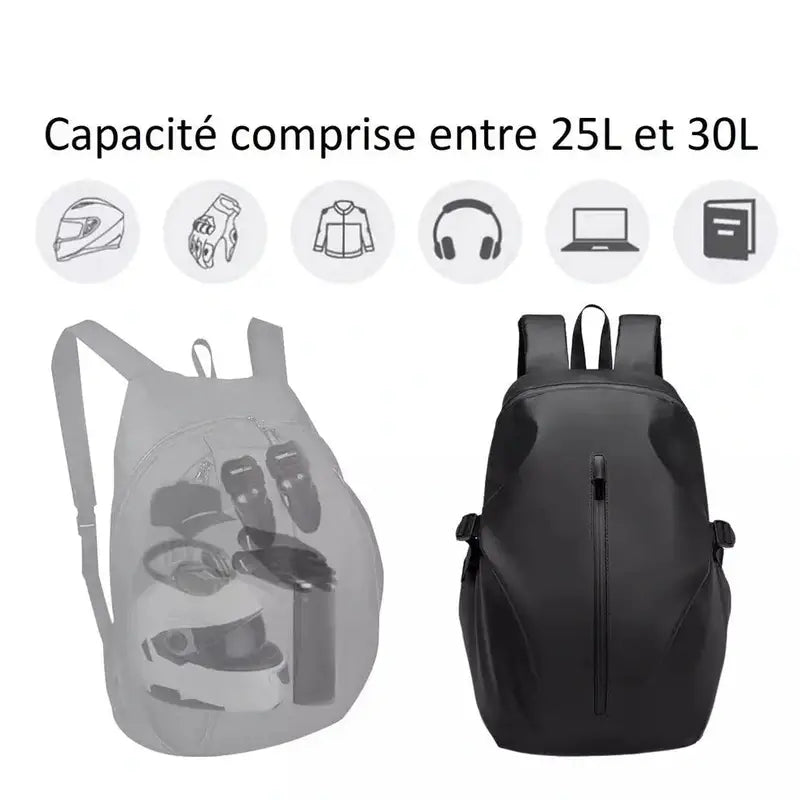 Sac à dos moto imperméable noir étanche 25L à 30L capacité pour motocyclistes