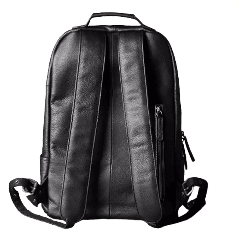 Sac à dos noir en cuir véritable avec bretelles rembourrées et poignée supérieure