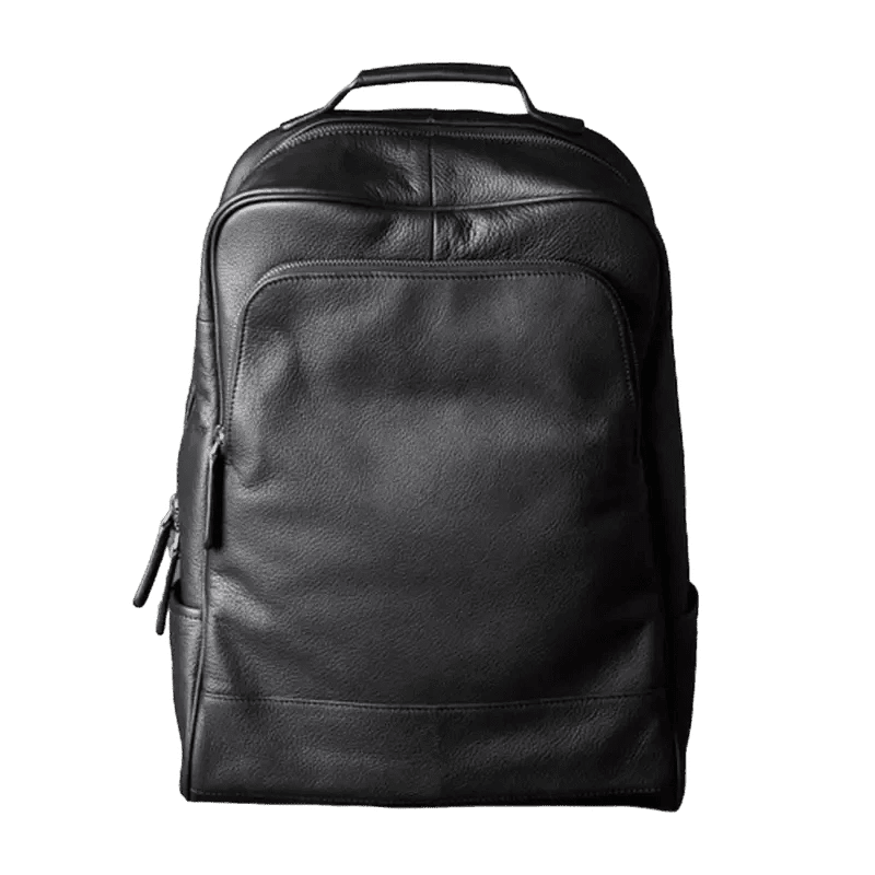 Sac à dos noir en cuir véritable avec poignée supérieure et poche frontale