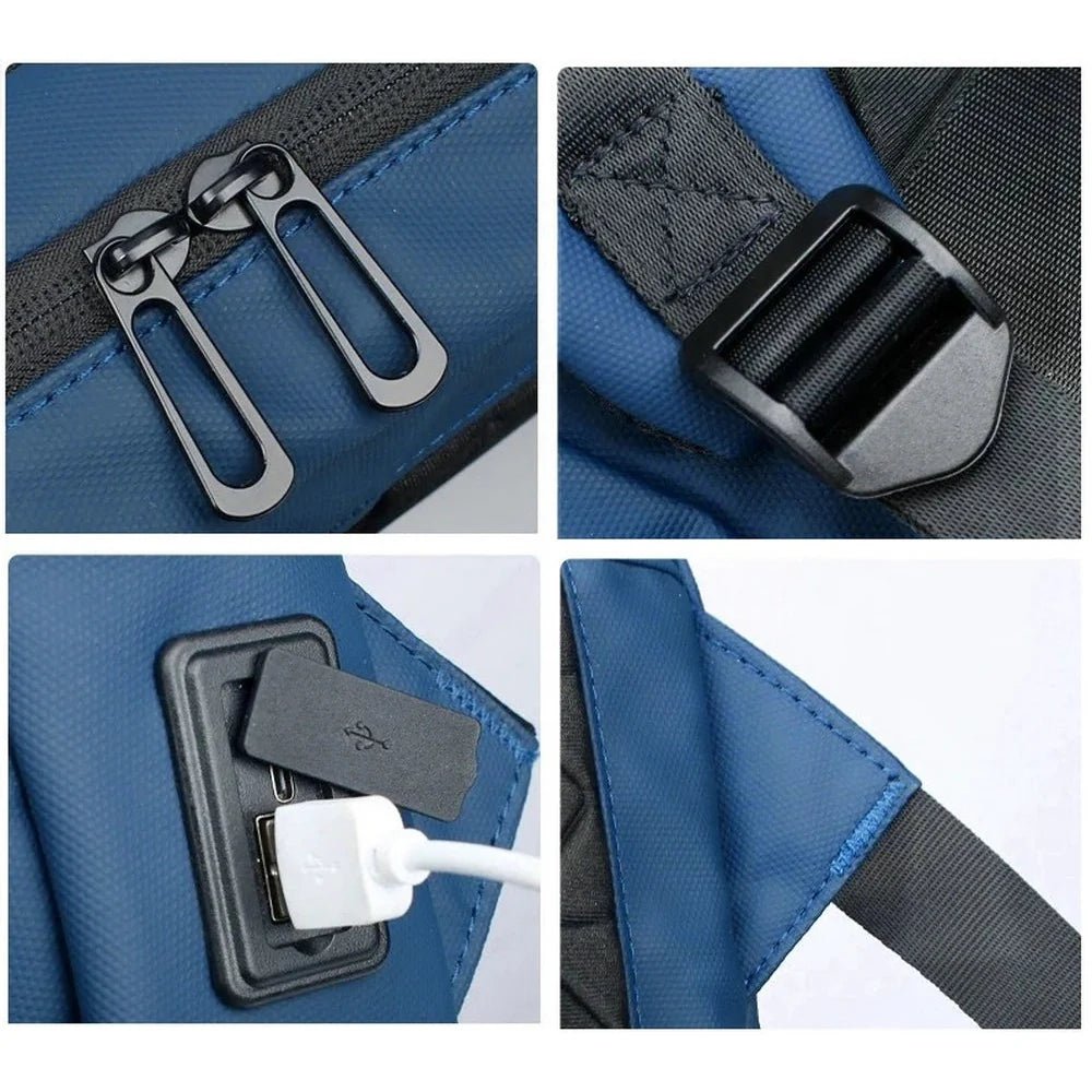 Détails en gros plan du sac à dos ordinateur 14 pouces femme bleu avec zippers et port USB