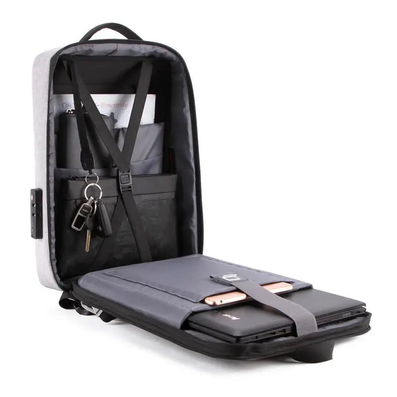 Sac à dos ordinateur 15 pouces antivol gris avec compartiments, poche pour ordinateur et verrou intégré