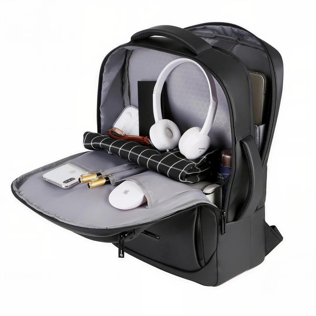 Sac à dos ordinateur 15 pouces de 25L noir ouvert avec compartiments et accessoires