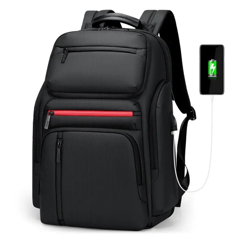 Sac à dos ordinateur 15 pouces noir avec zip rouge et port USB externe